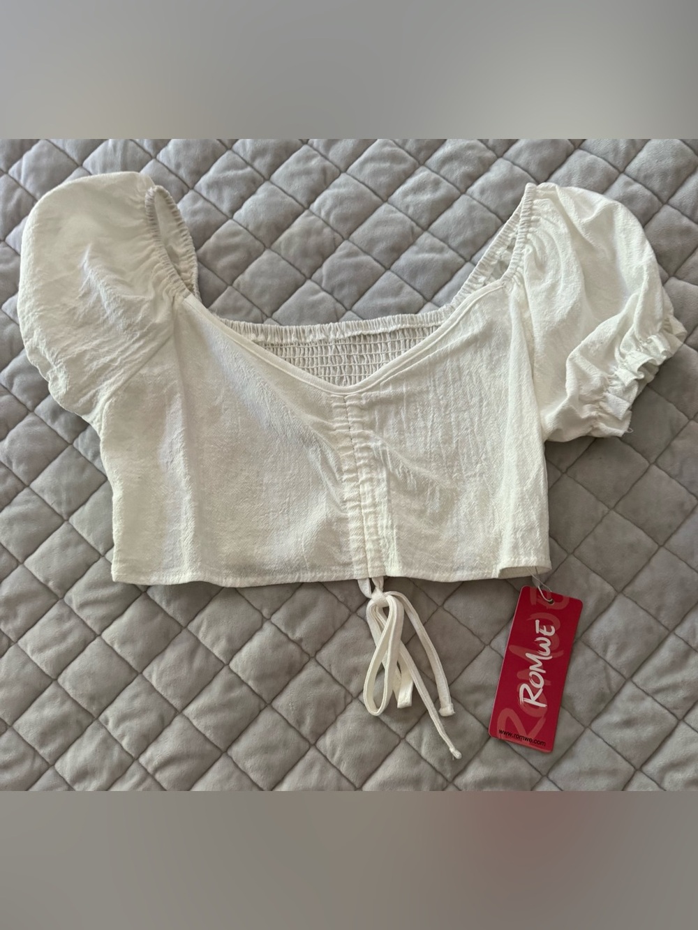 ROMWE White Puff Sleeve Smocked Crop Top with Front Tie